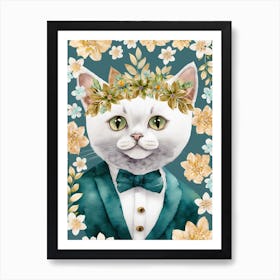 Floral Cute Cat In A Suit Watercolor (2) Art Print