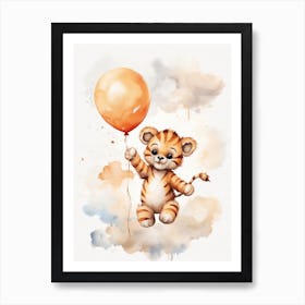 Baby Tiger Flying With Ballons, Watercolour Nursery Art 4 Art Print