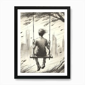 Moody Man on Swing Sketch 1 Art Print