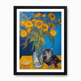 Still Life Of Iris With A Cat 2 Art Print