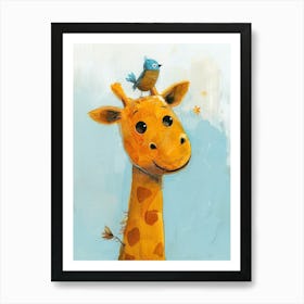 Small Joyful Giraffe With A Bird On Its Head 7 Art Print