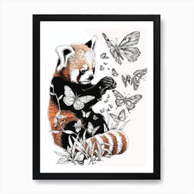 Red Panda Cub Playing With Butterflies Ink Illustration 4 Art Print
