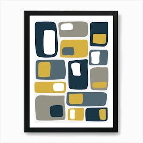 Mid Century Funky Geometric Shapes Navy Blue, Mustard Yellow Art Print