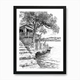 The Oasis On Lake Travis Austin Texas Black And White Drawing 1 Art Print