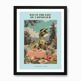 Dinosaur Having A Picnic Retro Collage 2 Poster Art Print