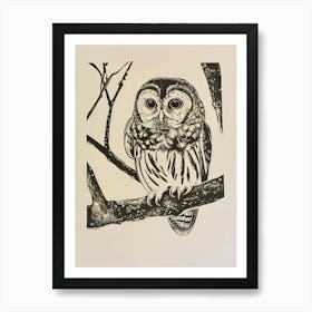 Tawny Owl Linocut Blockprint 3 Art Print