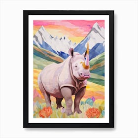 Patchwork Floral Rhino With Mountain In The Background 8 Art Print