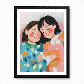 Two Girls Hugging Gouache Painting Art Print