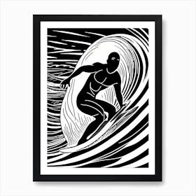 Surfer On A Wave Linocut Black And White Painting Solid White Background, into the water, surfing Art Print