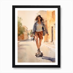 Girl Skateboarding In Athens, Greece Watercolour 2 Art Print