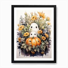 Cute Bedsheet Ghost, Botanical Halloween Watercolour 111 Art Print