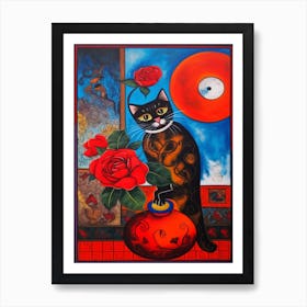 Peony With A Cat 4 Surreal Joan Miro Style  Art Print