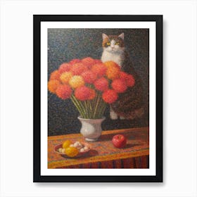 Carnation With A Cat 4 Pointillism Style Art Print