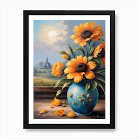 Sunflowers In A Blue Vase Art Print