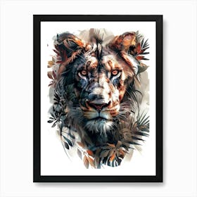 Double Exposure Realistic Lion With Jungle 17 Art Print