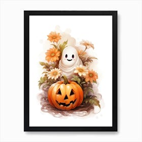 Cute Ghost With Pumpkins Halloween Watercolour 91 Art Print