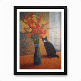 Gladoli With A Cat 2 Pointillism Style Art Print