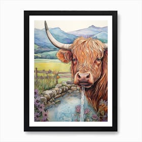 Linework Illustration Of A Highland Cow Pastel 1 Art Print