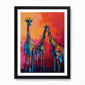 Giraffe Herd In The Red Sunset 1 Art Print