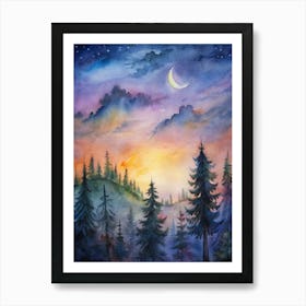 Watercolor Of A Forest At Night with moon Art Print