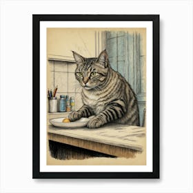 Cat At The Table Art Print