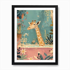 Pastel Illustration Of A Giraffe In The Bath 1 Art Print