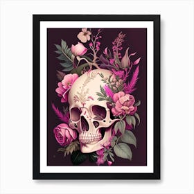 Skull With Floral Patterns 2 Pink Botanical Art Print