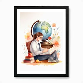 Watercolor Girl Reading A Book Art Print