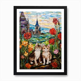 Cats With Flowers & Church In Background Stained Glass Art Print