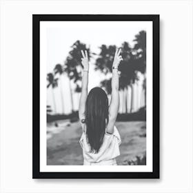 Beach Girl Palm Trees Black And White Art Print