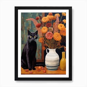 Queen Annes Lace Flower Vase And A Cat, A Painting In The Style Of Matisse 3 Art Print