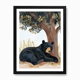 American Black Bear Laying Under A Tree Storybook Illustration 1 Art Print