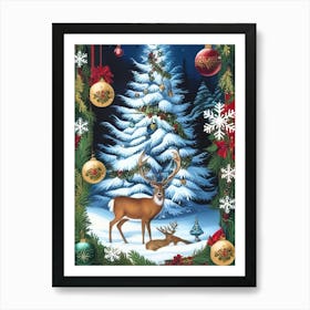 Christmas Tree With Deer Art Print