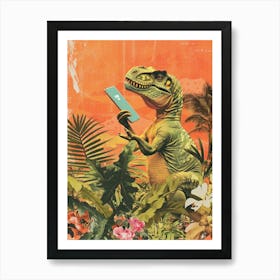 Dinosaur Holding A Smart Phone Retro Collage Art Print