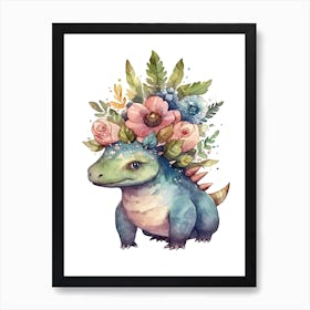 Stegosaurus With A Crown Of Flowers Cute Dinosaur Watercolour 3 Art Print