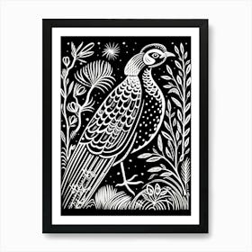 B&W Bird Linocut Pheasant 1 Art Print