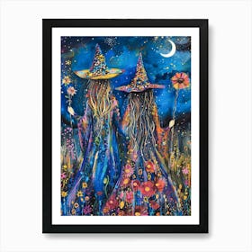 Best Friends Boho Hippy Witches Holding Flowers | Botanical Witchcraft Pagan Coven Painting | Witch Print Magical Spellwork Esbat | Witchy Wiccan Art Print in Wildflowers HD Art Print