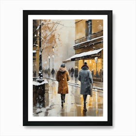 Paris cafes, winter season, Christmas, autumn oil colors, pale colors, pedestrians in the street, winter clothes, falling snow.3 Art Print