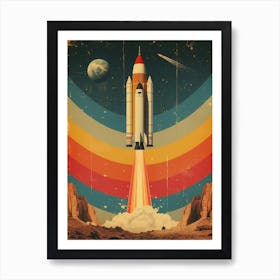 Space Odyssey: Retro Poster featuring Asteroids, Rockets, and Astronauts: Space Shuttle Launch Canvas Art Art Print