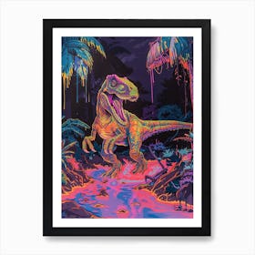 Scary Neon T Rex In River Art Print