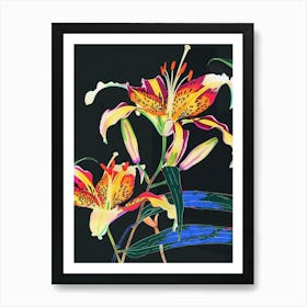 Neon Flowers On Black Gloriosa Lily 2 Art Print