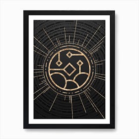 Geometric Glyph Symbol in Gold with Radial Array Lines on Dark Gray n.0108 Art Print