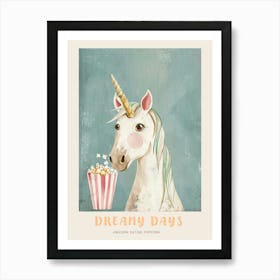 Cute Pastel Unicorn Eating Popcorn Blue Background 4 Poster Art Print