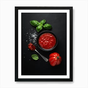 Tomato sauce & basil (Italian food) — Food kitchen poster/blackboard, photo art Art Print