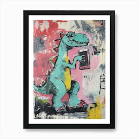 Dinosaur On The Phone Purple Graffiti Style 4 Art Print