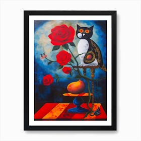 Peony With A Cat 3 Surreal Joan Miro Style  Art Print