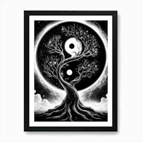 Black and White Yin Yang Space Tree Art Print