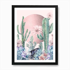 Watercolor Cactus Rose Gold Desert Sunset Art Print