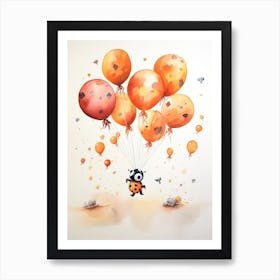 Ladybug Flying With Autumn Fall Pumpkins And Balloons Watercolour Nursery 1 Art Print