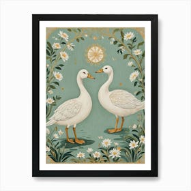 Two White Geese Floral Art Print